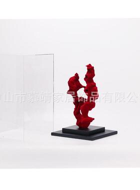创意新中式现透明罩子红色太湖石摆件客厅茶几书桌玄关家居饰品
