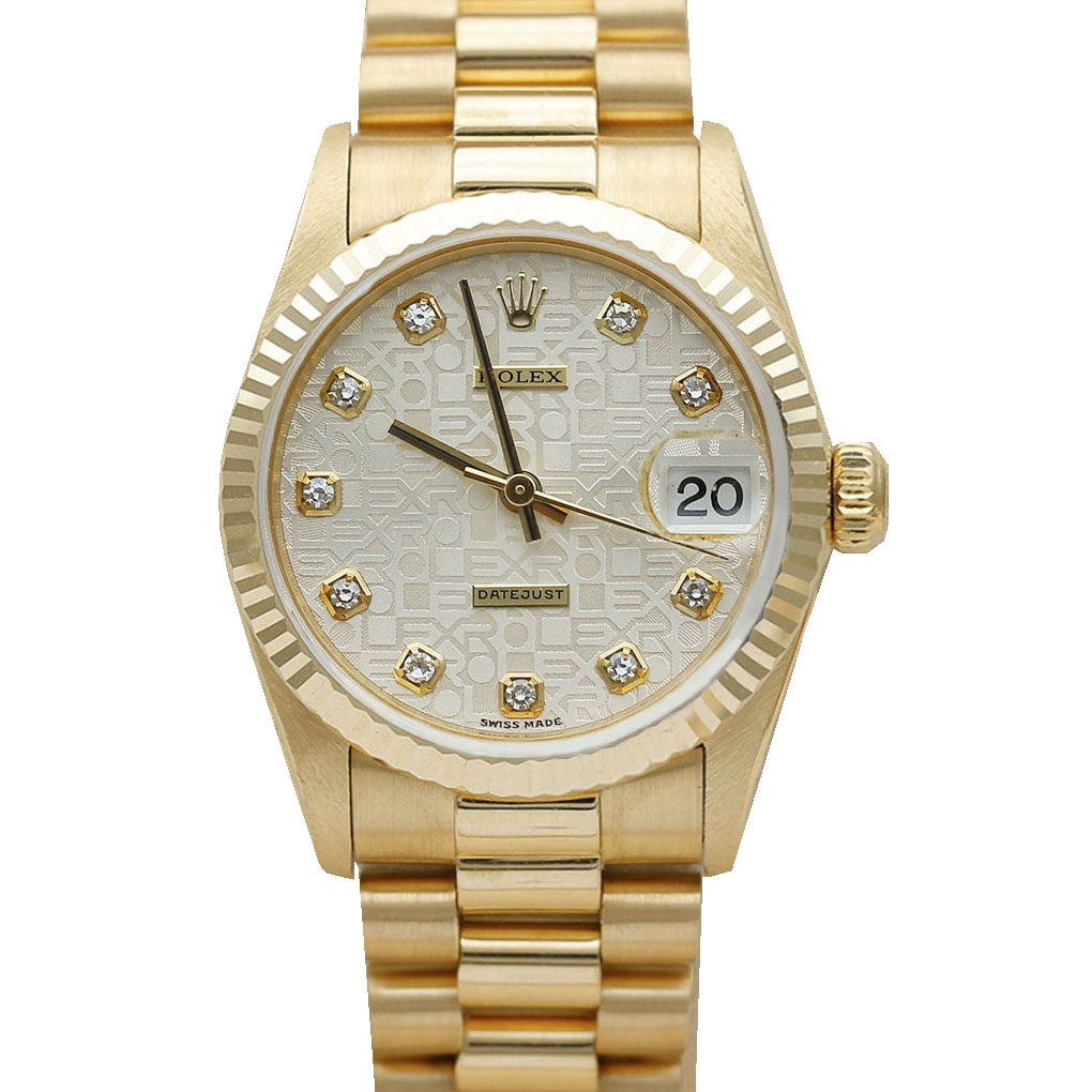 31mm女金劳[9.8新]劳力士日志白电脑面原镶钻自动机械女表68278