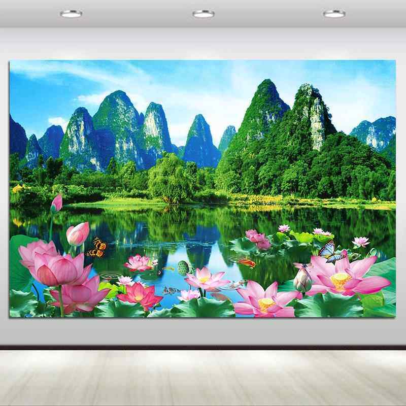 桂林山水漓江风景画田园风光湖泊荷花客厅餐厅背景墙壁画自粘贴画