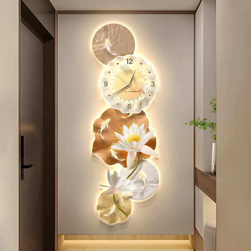 轻奢现代入户玄关装饰画九鱼图带钟表高档挂画走廊过道荷花壁灯画图片