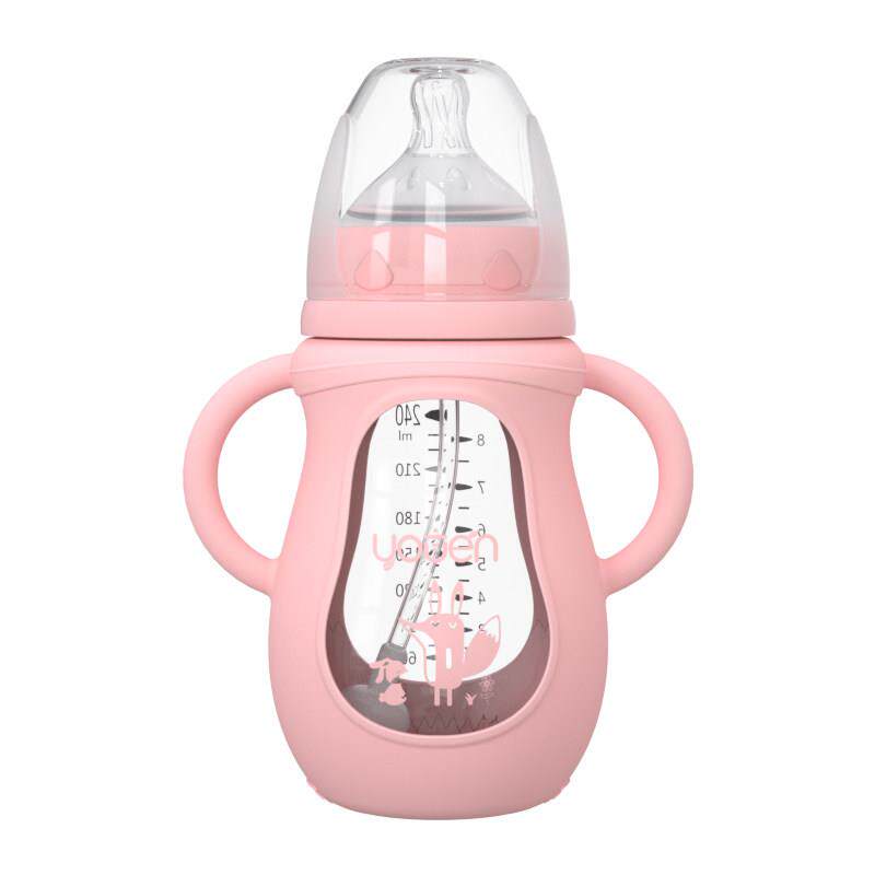 优恩宽口径玻璃奶瓶彷母乳奶嘴0-4岁儿童宝宝吸管扁头鸭嘴杯防漏