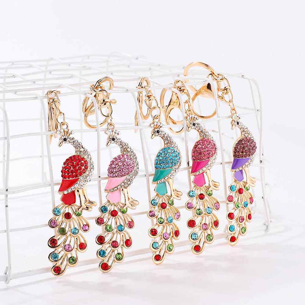 创意水钻七彩皇冠孔雀钥匙链女包包配饰合金点钻吊坠时尚情侣挂件