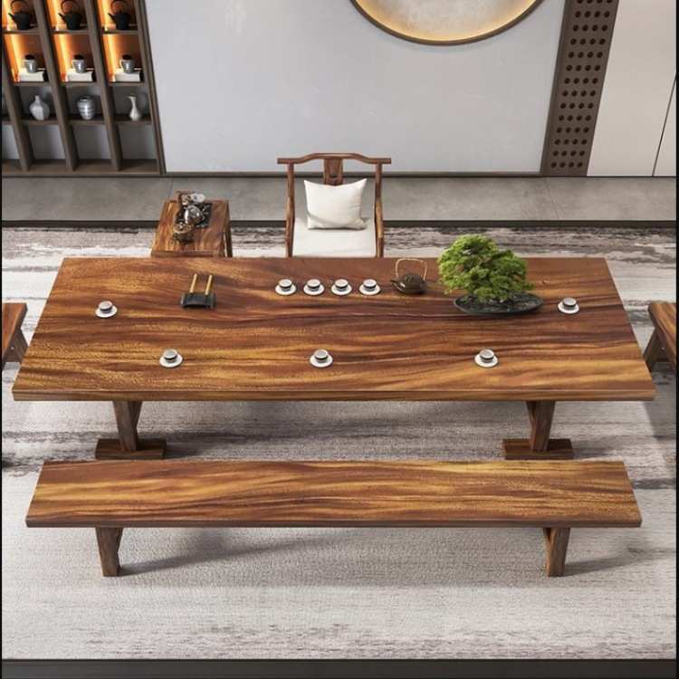 新实木禅意整办公室黑胡桃茶桌组合家用桌椅泡茶木客厅板中式大板