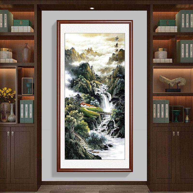 源远流长入户玄关靠山装饰画竖幅国画聚宝盆山水画中堂挂画