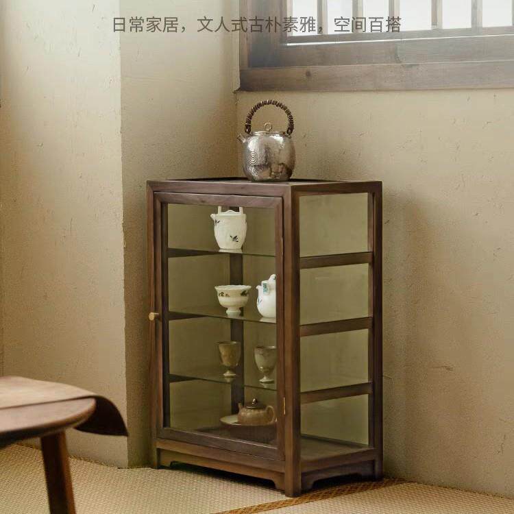 透明玻璃文玩展示柜落地一体胡桃木收纳柜子桌面实木置物柜储物柜