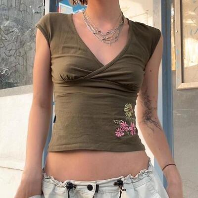 Women Embroidered Floral Slim Sleeve V Neck Shirts Casual
