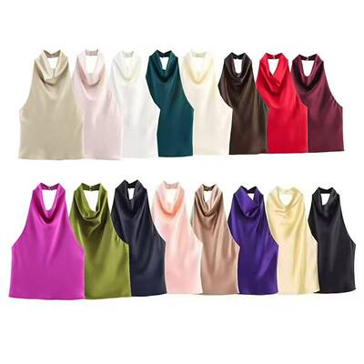 2025 Women Satin Halter Top Summer Black Yellow Tanks &