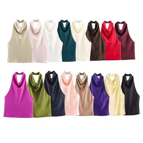2025 Women Satin Halter Top Summer Black Yellow Tanks &