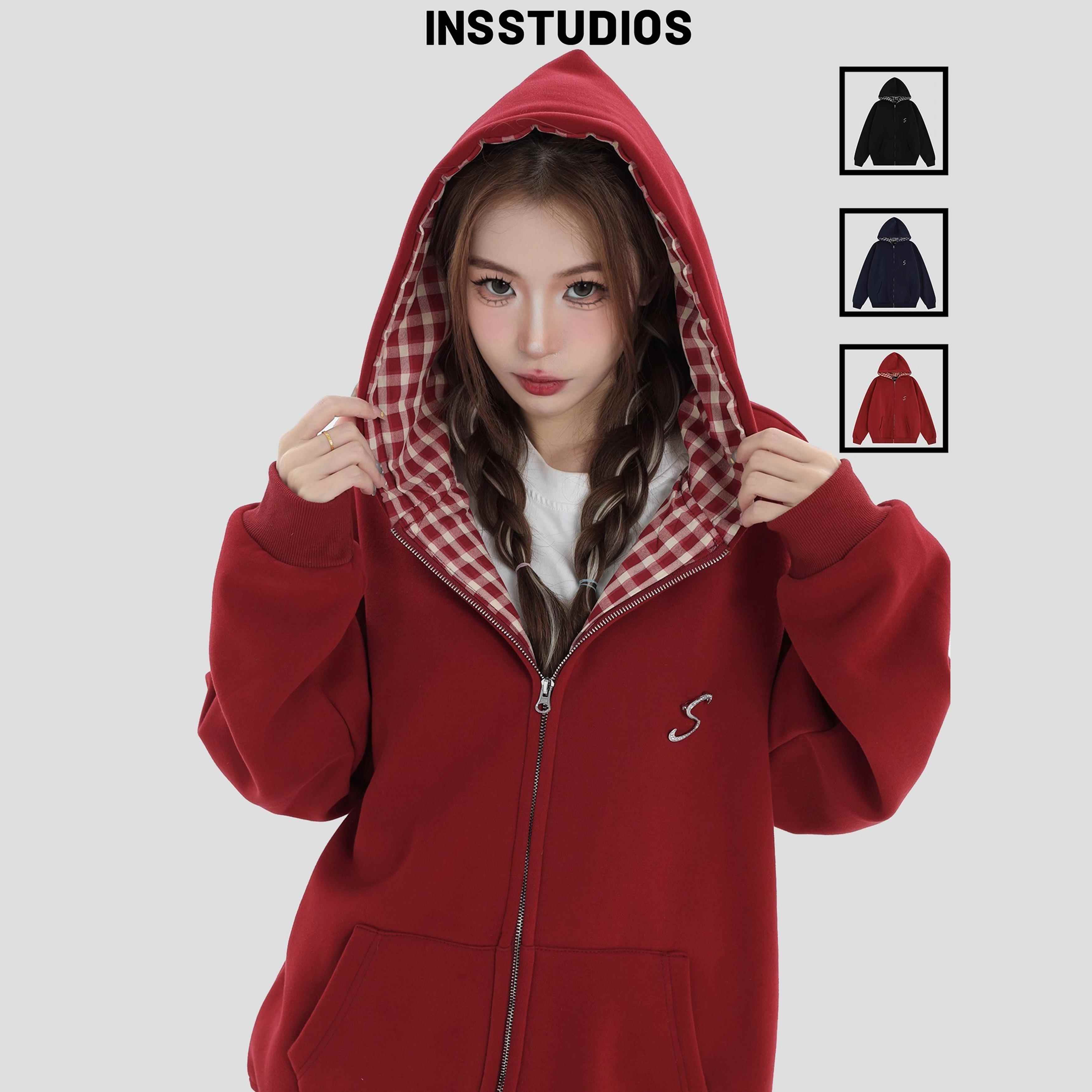 INSstudios 国潮牌情侣美式烫钻别针LOGO卫衣宽松加绒开衫外套男