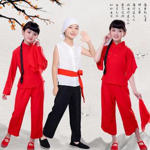 九儿阿宝村姑舞蹈演出服装儿童女红高粱同款中国风古典舞朗诵