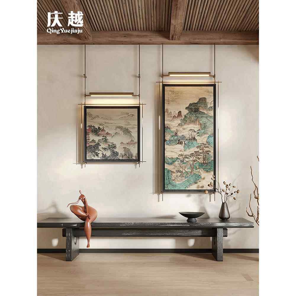 新中式墙面金属吊杆挂画带灯酒店会所样板间玄关中古风创意装饰画,家居饰品,现代装饰画,淘宝优惠券,粉丝福利购,淘宝优惠卷