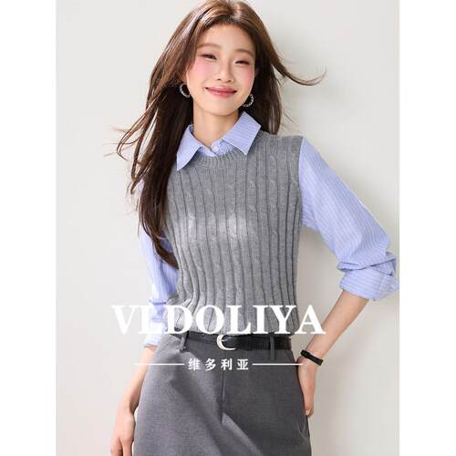 VLDOLIYA维多利亚假两件衬衫长袖针织衫女2026春季新款洋气打底衫