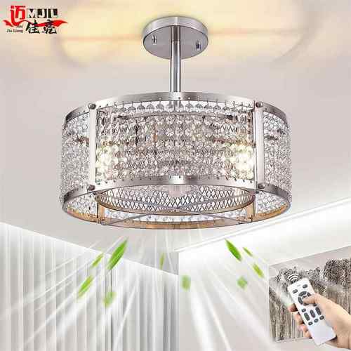 466拉丝卧镍现代水晶扇笼客式吊带可逆电机室厅美式风扇灯