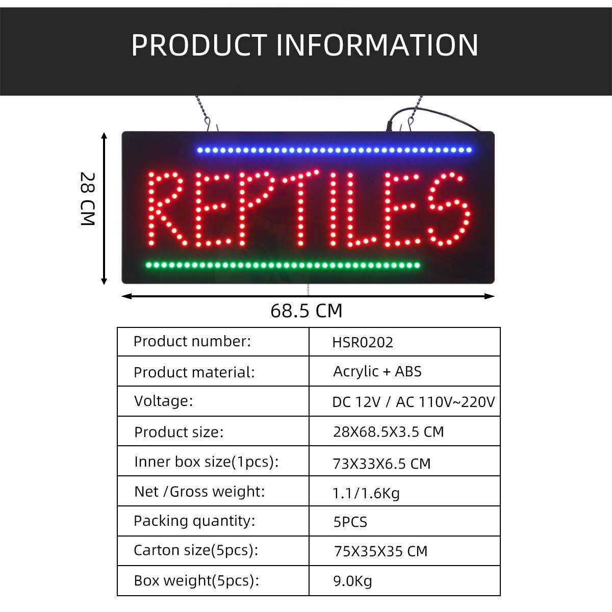 爬行动物店铺广告灯箱室内营业挂牌标识 LED REPTILES 28x68.5cm