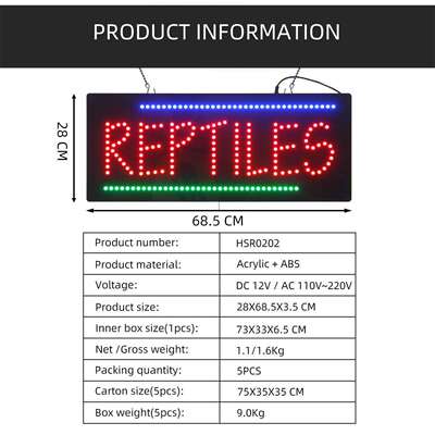 爬行动物店铺广告灯箱室内营业挂牌标识 LED REPTILES 28x68.5cm