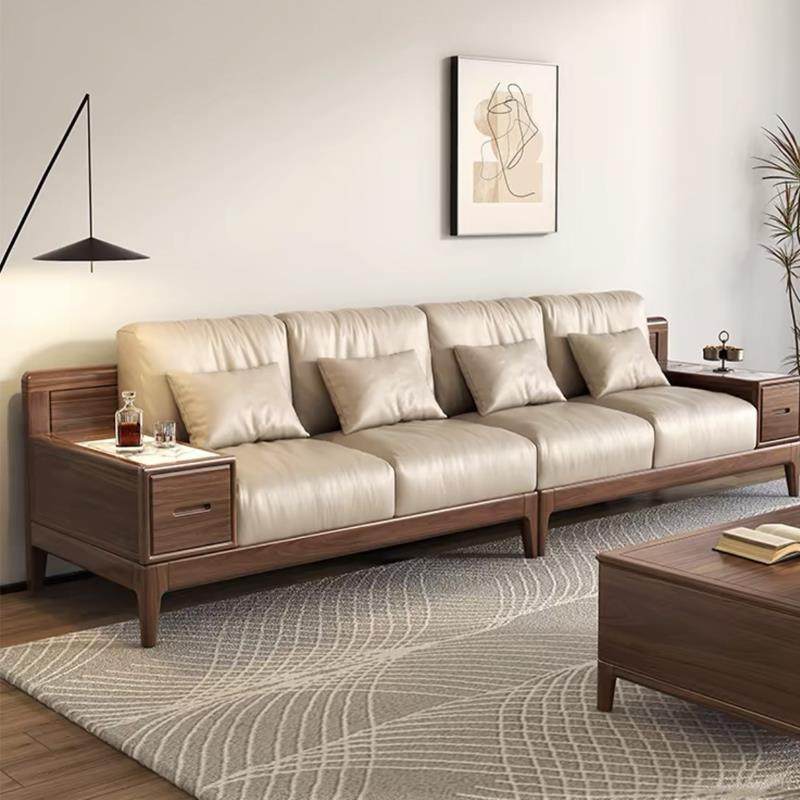 新中式客厅简约现代实木沙发黑胡桃木小户型北欧风直排真皮沙发