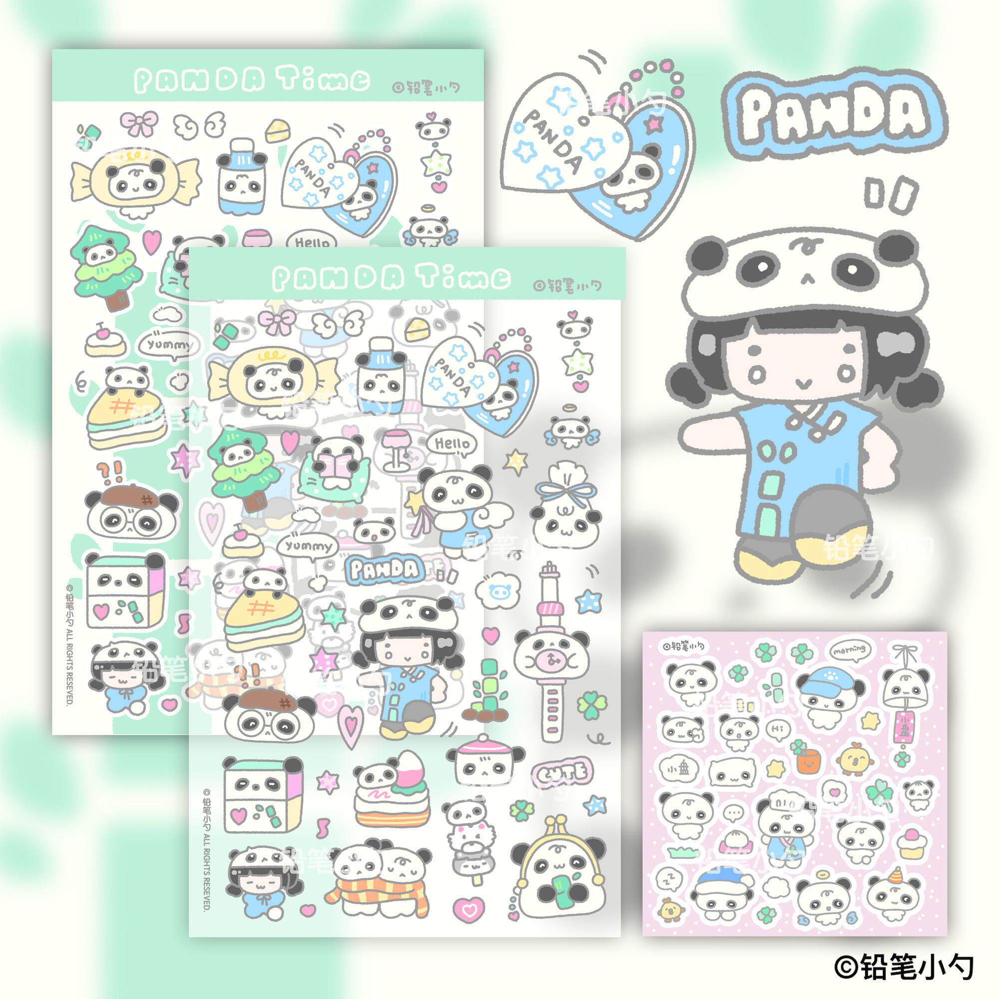 铅笔小勺熊猫熊猫妹贴纸原创咕卡手帐可爱双透闪膜切膜盐系贴纸