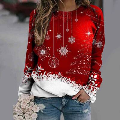 Women'S Casual Fashion Christmas Print Long Sleeve O