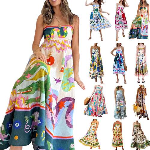 Elegant High Waist Printed Strap Casual Fashion Dress 吊带裙