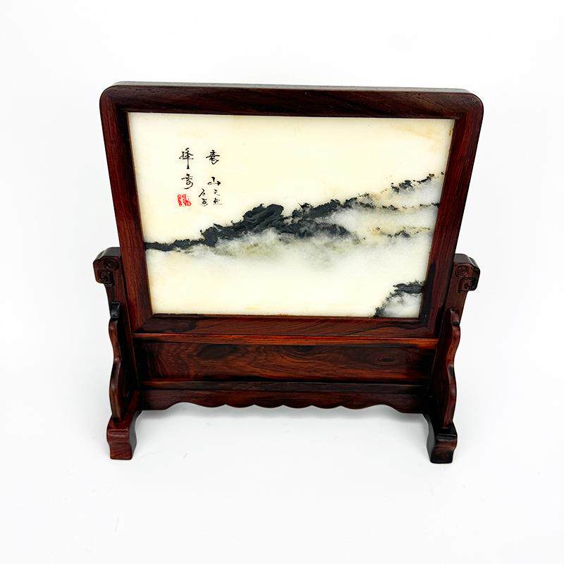 微凹黄檀嵌云石屏风摆件云石山水画意境插屏大红酸枝新中式屏风