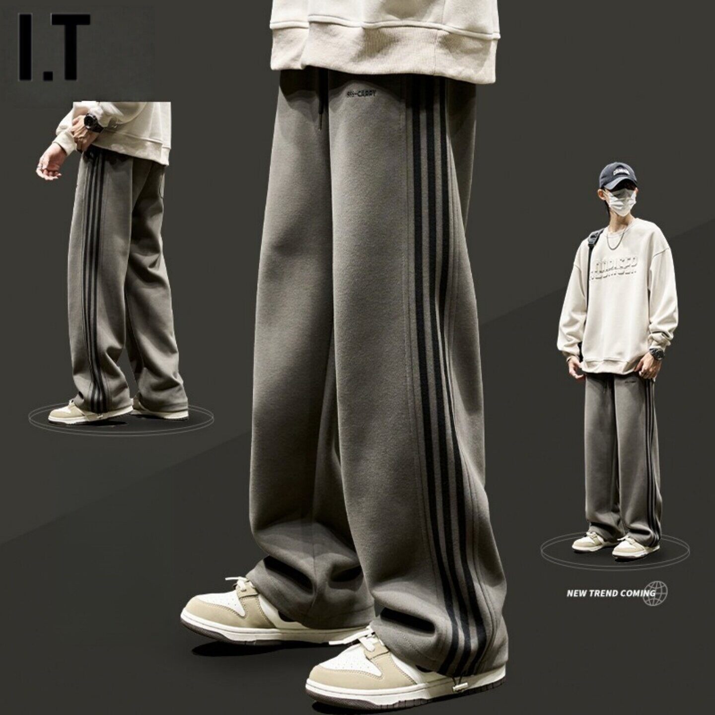 潮牌美式复古重磅卫裤男士春秋款直筒抽绳束脚侧条纹运动休闲裤子