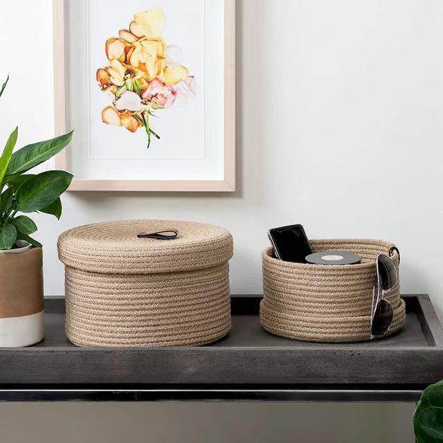 编织桌面收纳盒带盖零食杂物玄关放钥匙收纳筐化妆品的圆盒大容量,收纳整理,脏衣篮,淘宝优惠券,粉丝福利购,淘宝优惠卷