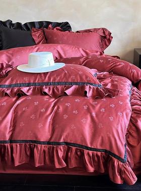 法式大红色YC96760提花单天丝长上绒棉结婚被床上四件套床喜罩床