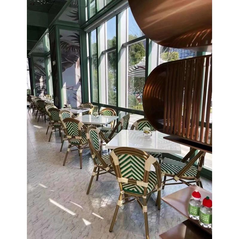 户外咖啡厅奶茶店大理石方桌椅组合 法式藤编椅子室外可移动桌椅