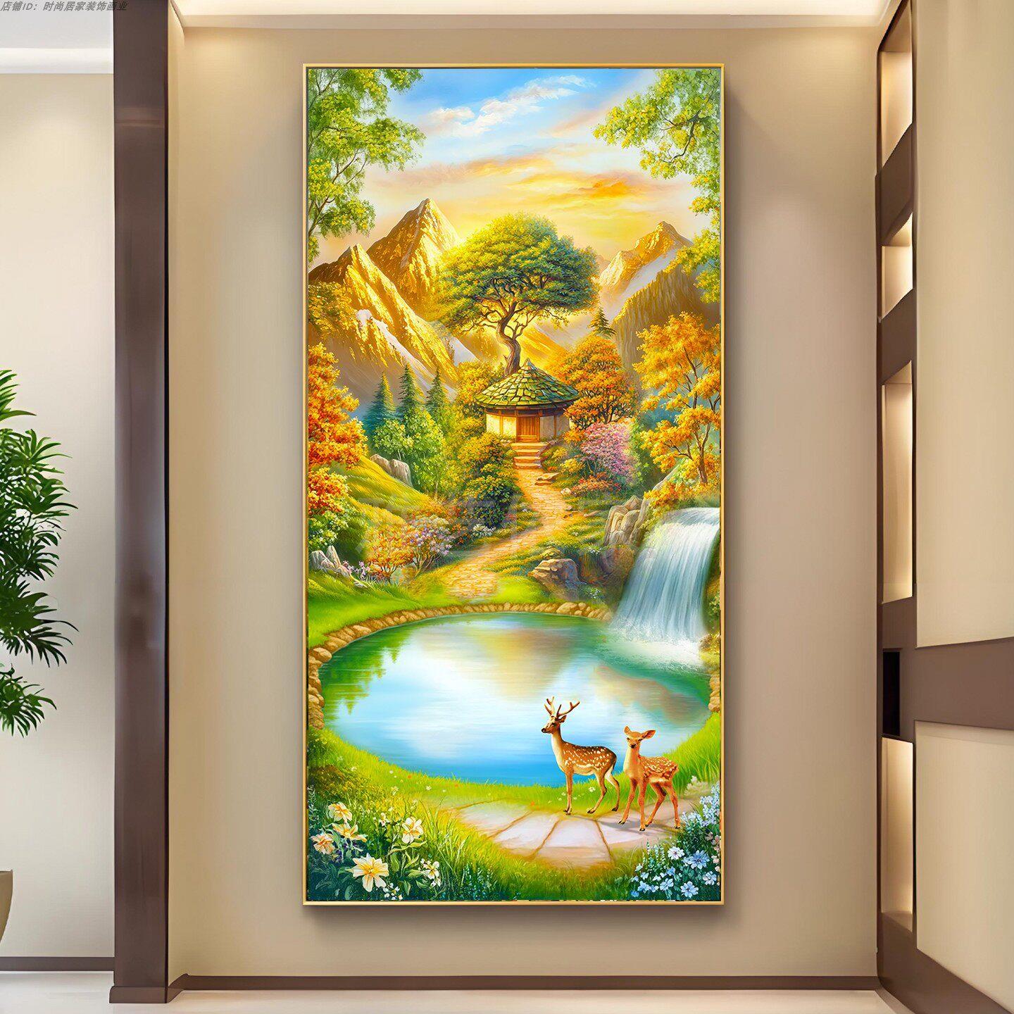 福居宝地山水风景画聚宝盆玄关装饰画入户正对门挂画聚财金山壁画