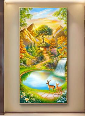 福居宝地山水风景画聚宝盆玄关装饰画入户正对门挂画聚财金山壁画