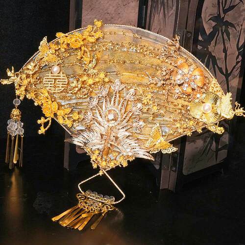 婚礼圆扇DIY高端金色礼服重工手工老树婚礼扇子新娘婚礼秀和扇子