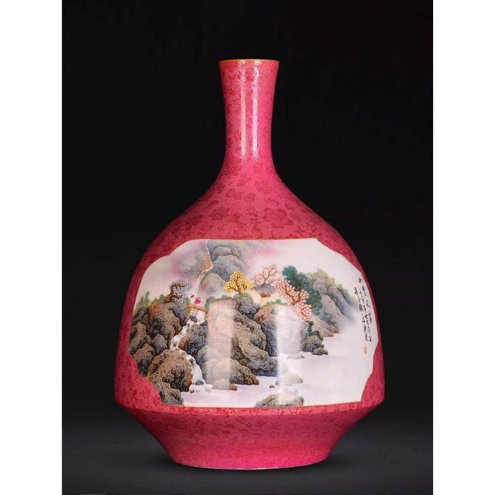 景德镇陶瓷器彷古手绘粉彩玛瑙红花瓶插花玄关博古架装饰收藏摆件