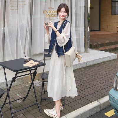 LILY MOST初春高级感牛仔马甲长袖连衣裙套装复古气质流行两件套