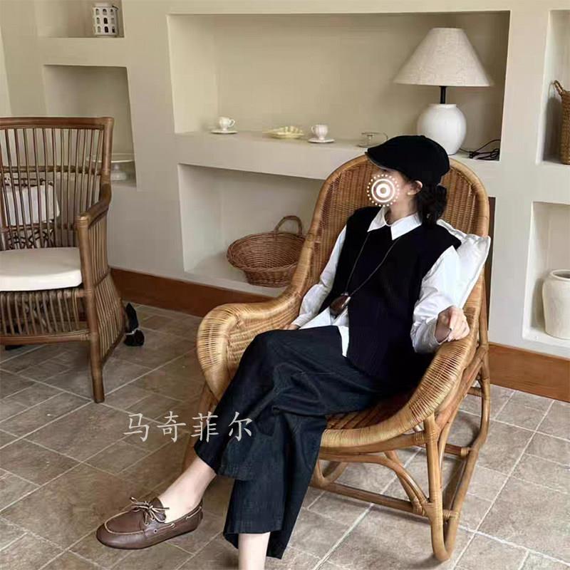 侘寂复古风真藤沙发椅设计师休闲单人椅阳台藤编躺椅中古懒人单椅