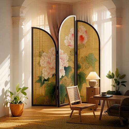 实木花鸟弧形屏风隔断客厅玄关移动折叠新中式茶室餐厅卧室隔断画