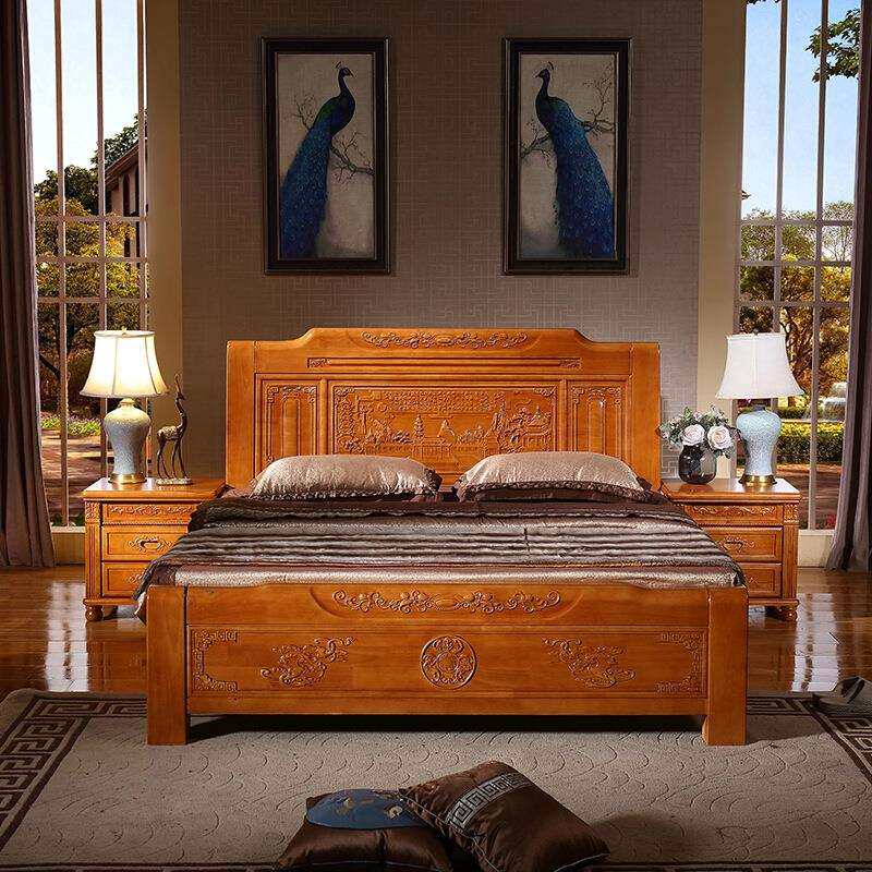 中式仿古全实木床1.8米双人大床 明清古典雕花储物抽屉高箱收纳床