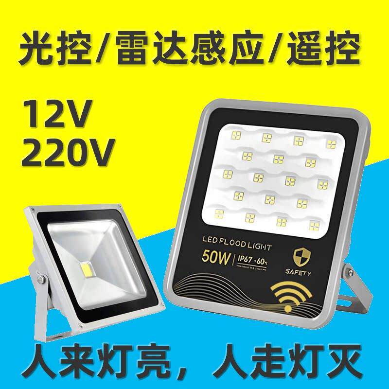 12V220V光控雷达感应遥控LED投光灯泛光灯电瓶太阳能户外防水院子