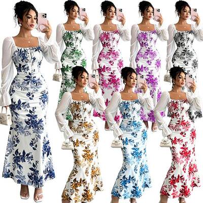 New Women's Fall Long Fitted Dress Square Neck Bow Chiffon