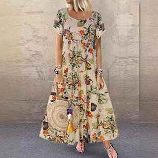 women cotton linen Women print large flower short