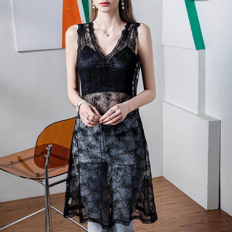 中长款镂空蕾丝上衣女宽松新中式盘扣2024春季无袖长款V领罩衫夏