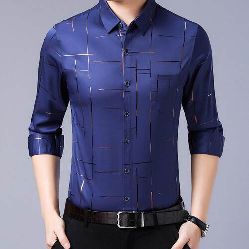 Men's All Over Print Long Sleeve Dress Shirt, Casual Party