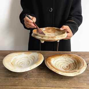 年轮粗陶碗复古哑光碗日式 三脚碗浅黄厚实菜碗餐具家用面碗餐厅碗