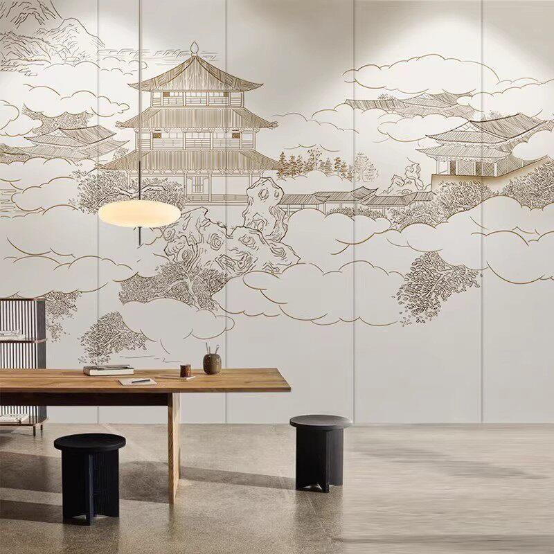 新中式山水画护墙板客厅电视背景墙碳晶板轻奢古风饭店包厢集成板