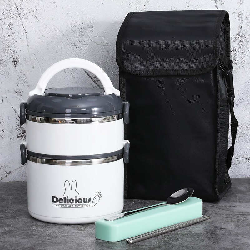贝瑟斯 304不锈钢双层饭盒带餐具筷勺保温袋学生上班族手提桶大容