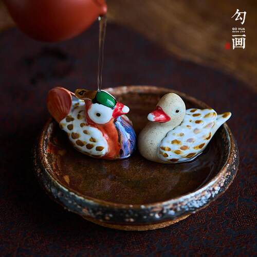 紫砂鸳鸯情侣摆件桌面全手工小茶宠精品可养茶具饰品茶道茶玩摆设
