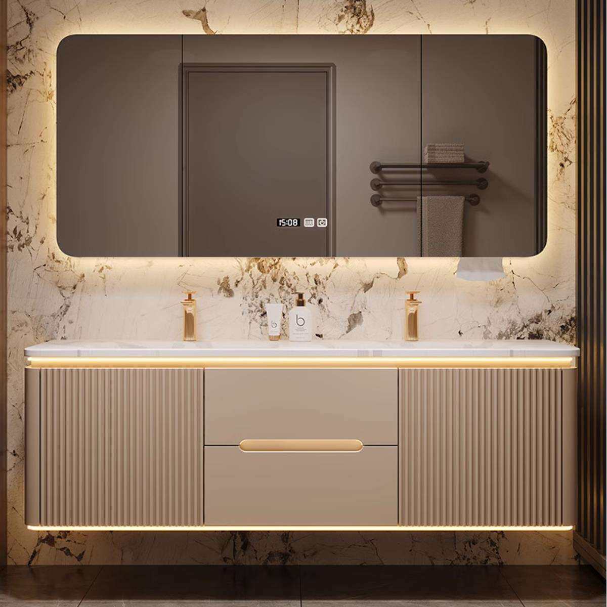 cs岩板热弯无缝一体双盆橡木浴室柜组合卫生间洗手洗脸洗漱台盆柜