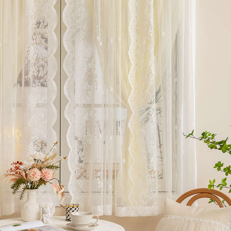 蕾丝风双层轻飘奶油女奢公主带法式透光人少纱帘窗纱不透窗帘卧室