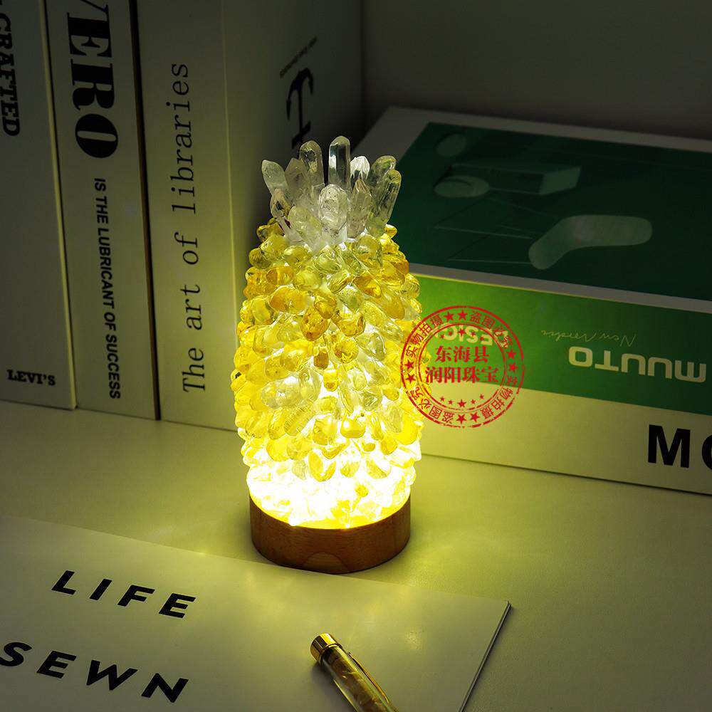 天然粉紫黄水晶碎石菠萝小夜灯摆件 卧室床头灯USB插电灯饰品