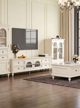 J6DA2024新款美式实木白色电视柜茶几组合小户型现代简约客厅