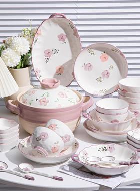 日式陶套碗瓷碟装家用紫色餐具碗盘子碗风好看的碗Z1204具高颜饭